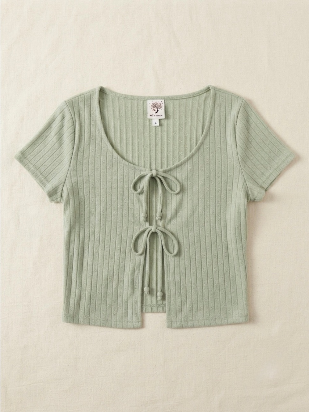 Sage Green Ribbed Tie-Front Crop Top